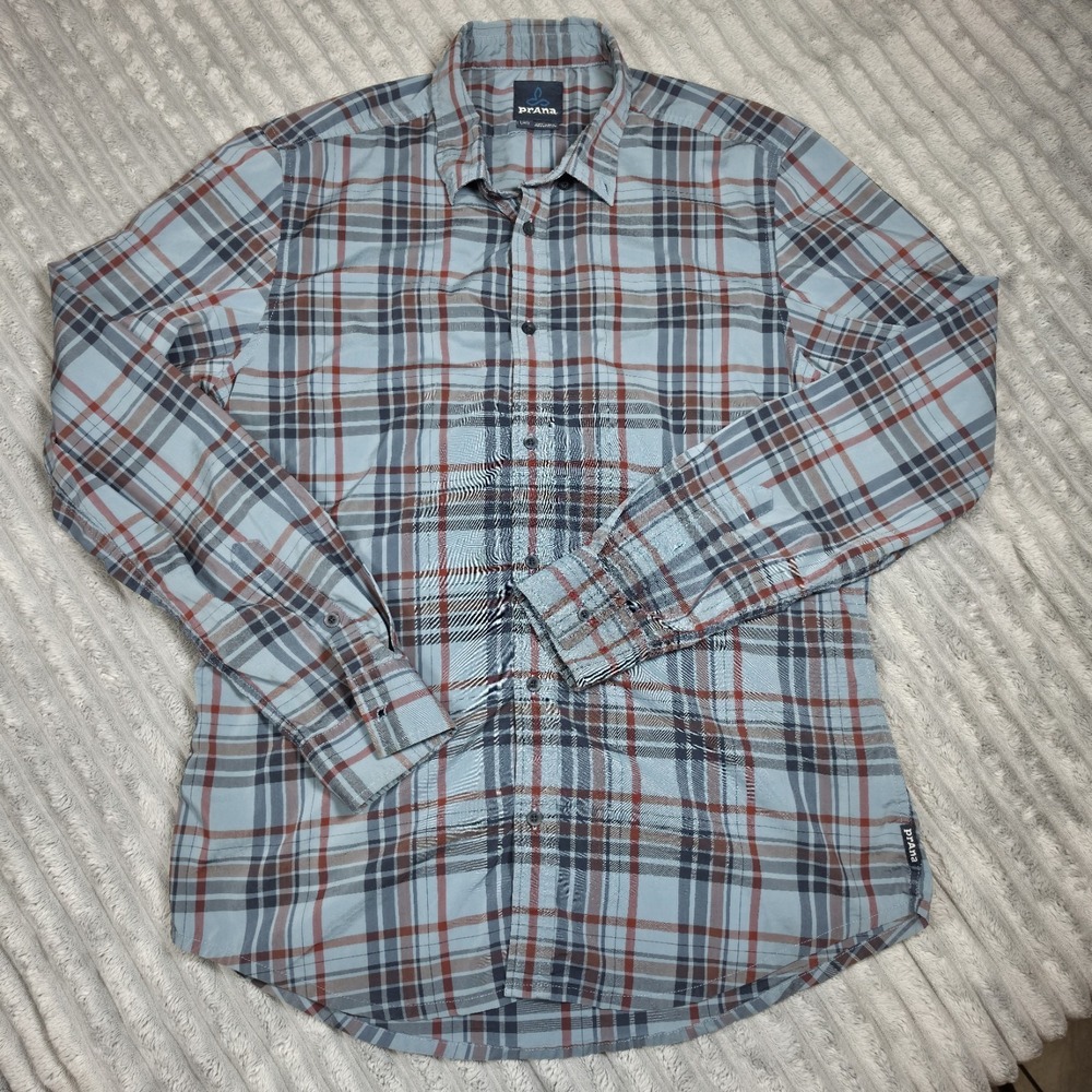 Men Size Large Prana Outdoors Hiking Longsleeves Button-up plaid Shirt Blue